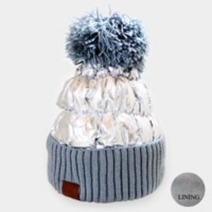 Puffer Knit Pom Pom Beanie Hat